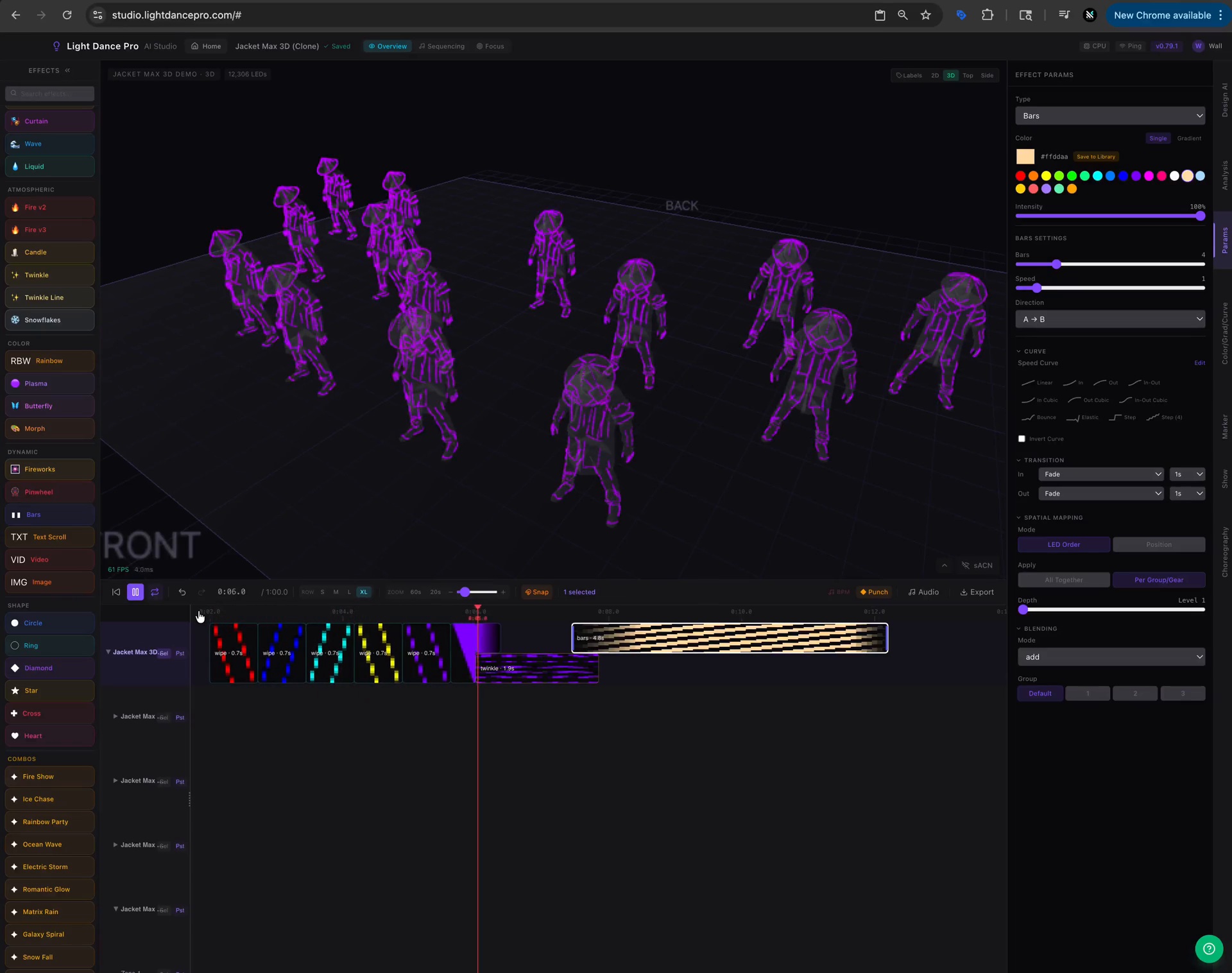 LDP Studio timeline with purple performers in a 3D preview.