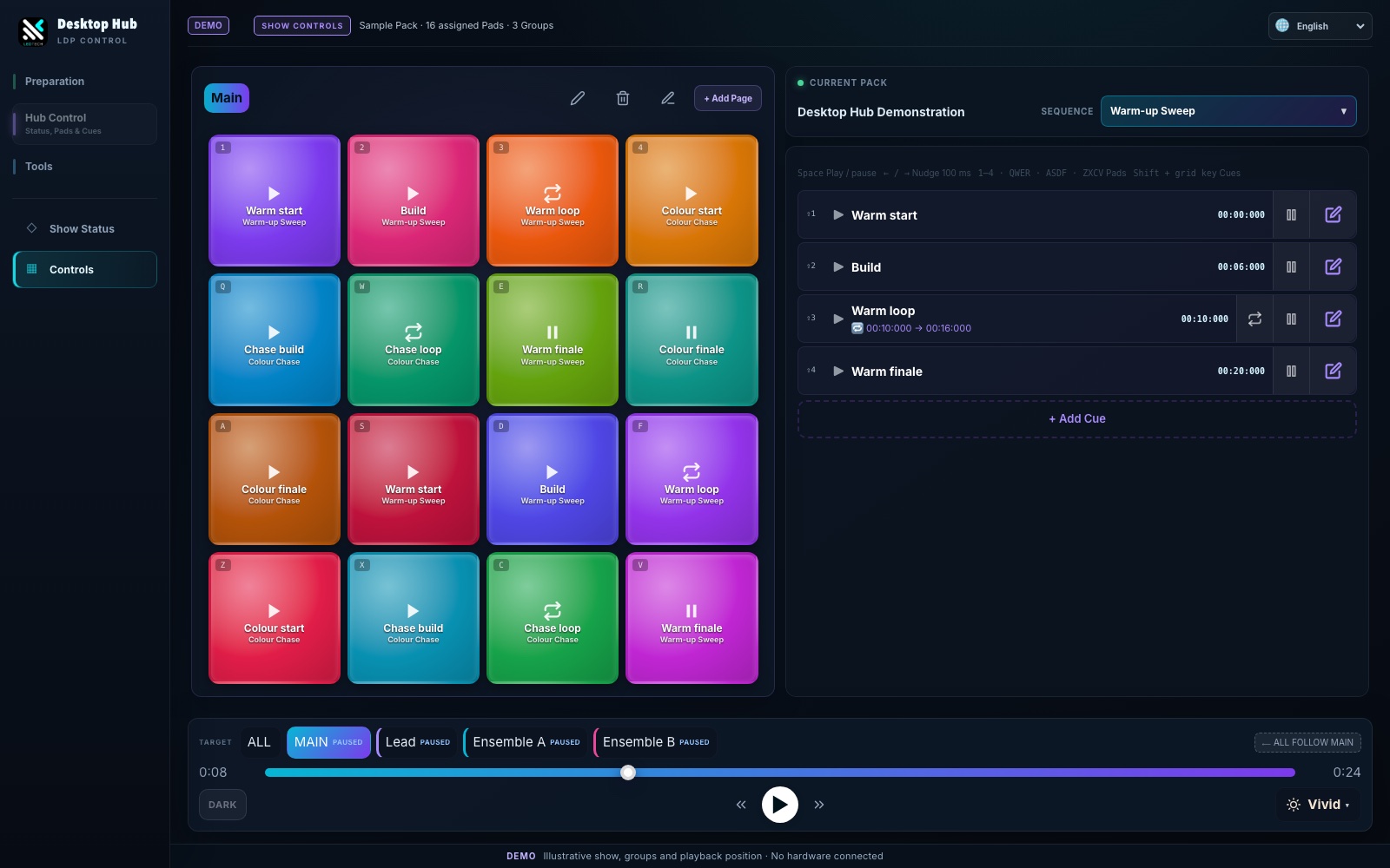 Desktop Hub with a coloured pad grid for cues and groups.